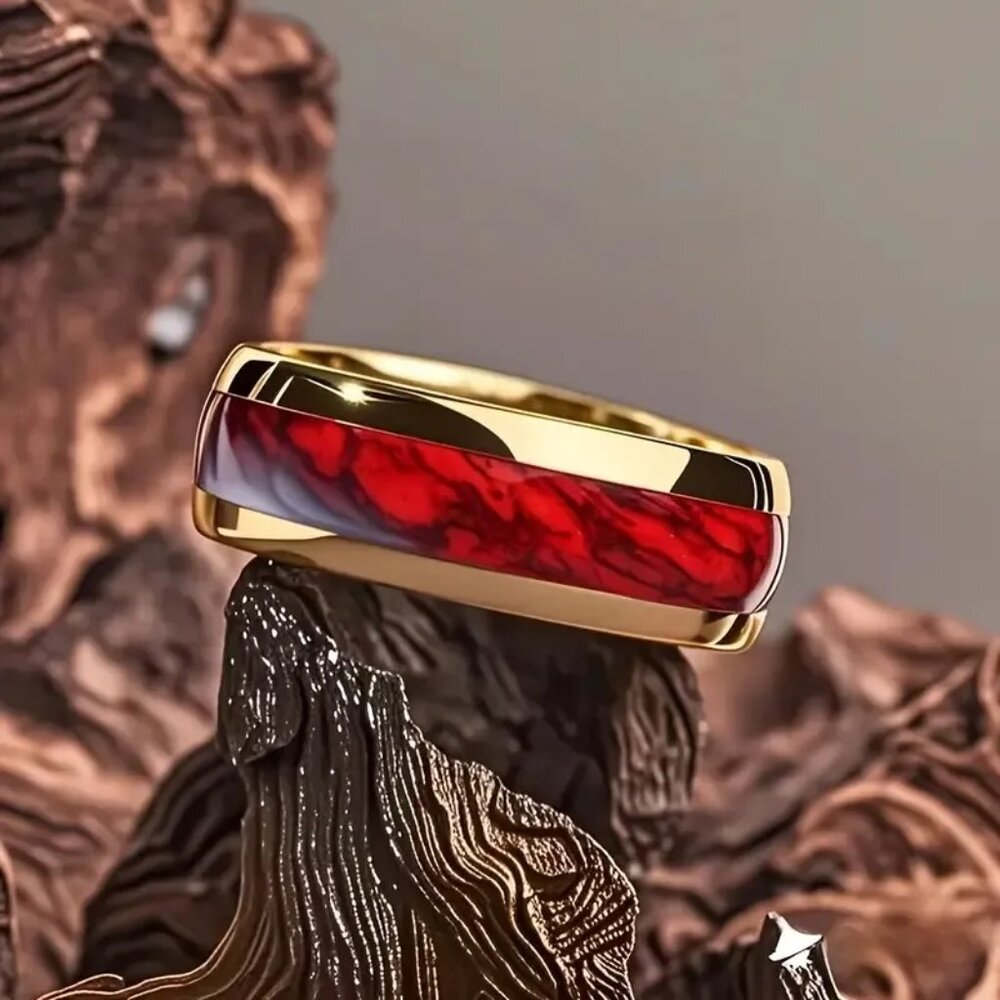 Tungsten Carbide Statement Ring High Polished Red Marble & 10k gold plated rims